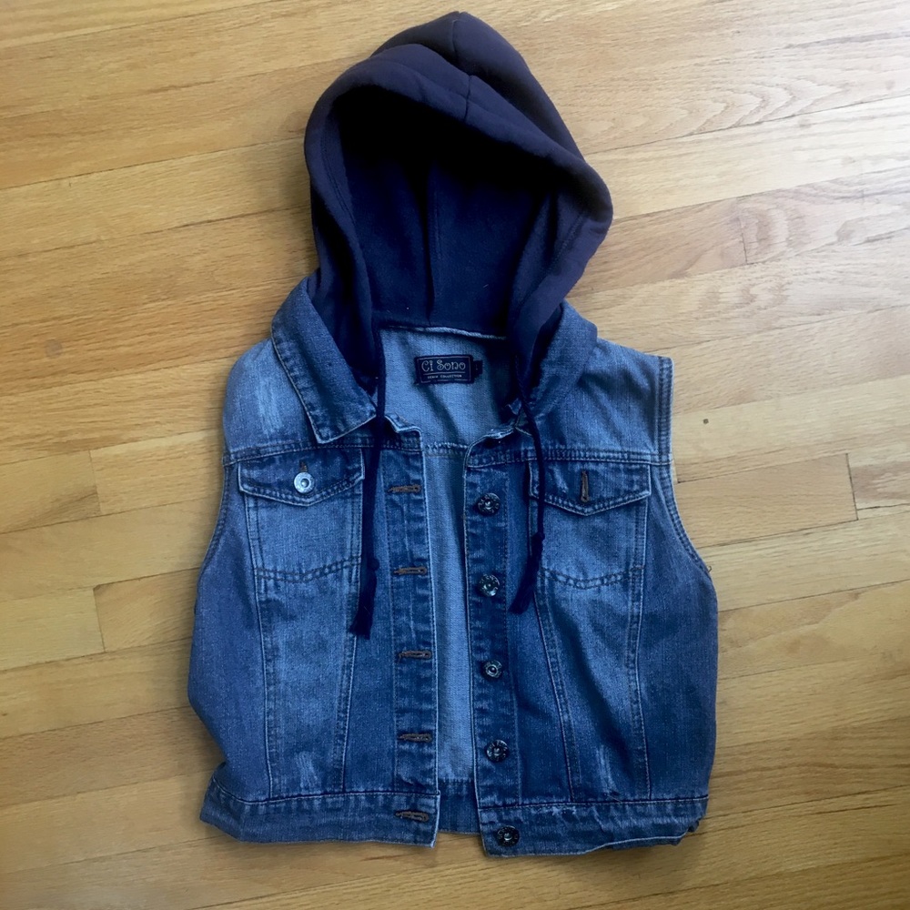 Ci Sono denim vest with hood, dark wash